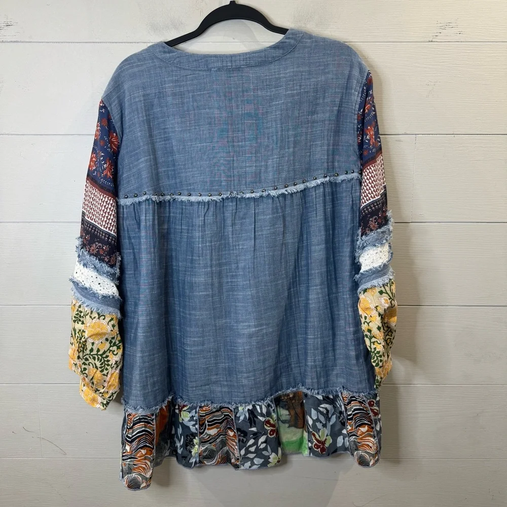 Coldwater Creek 100% Cotton Boho Blue Patchwork Blouse Size XL - Picture 4 of 10
